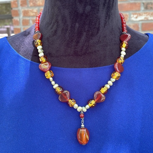 Sterling Silver Carnelian /Amber Heart Necklace